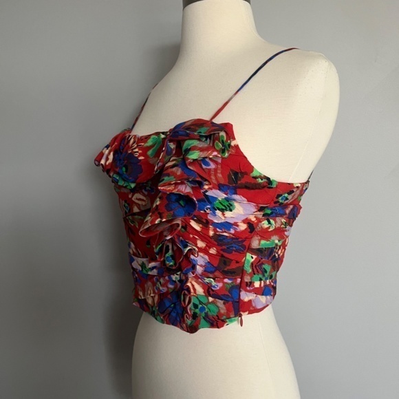 Zara Ruffle Crop Top Draped Red Floral‎ Large Shirt - Picture 7 of 13
